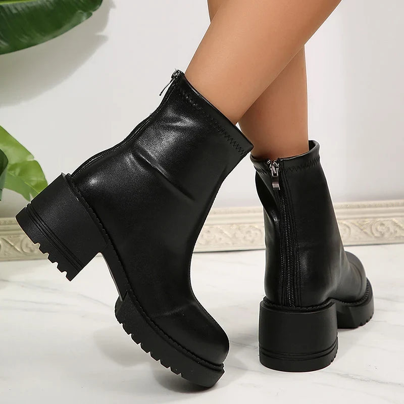 Fashion Thick Heels Ankle Boots Women 2025 Back Zipper Plus Size 35-42 Pu Leather Boots Woman Round Toe Platform Booties Mujer