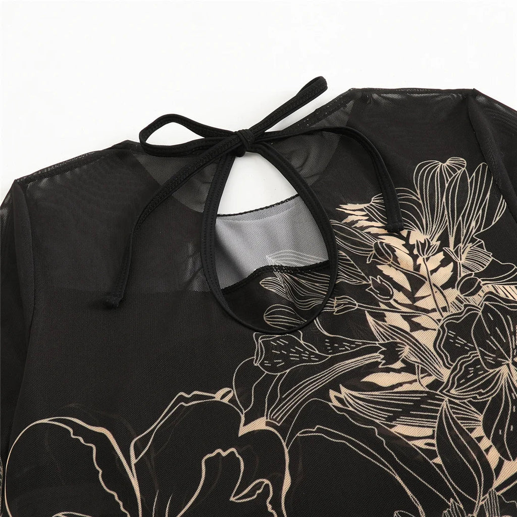 S - XXL Printed Long Sleeve With Sarong One Piece Swimsuit Women Swimwear Female Flowers Padded Bather Bathing Suit Swim K7181