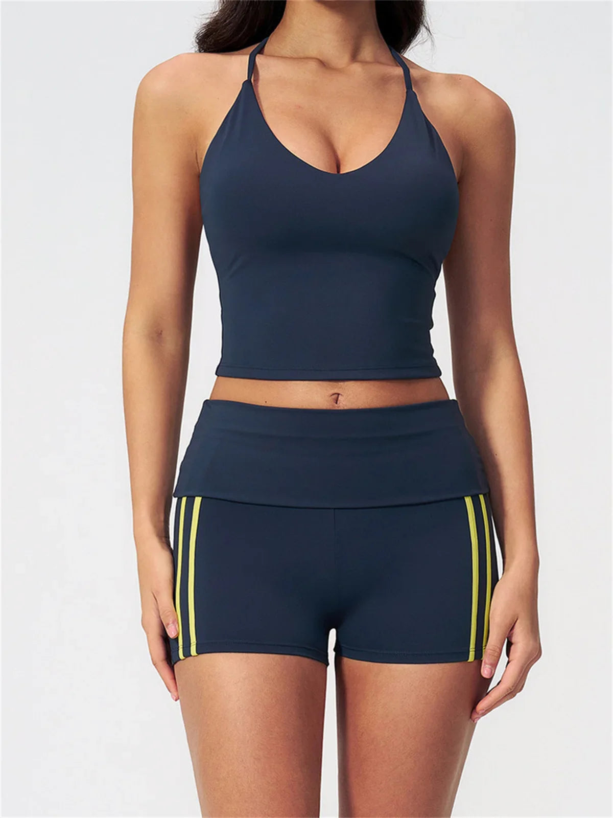 Color Blocked Yoga Suit 2 Pieces Women Slim Sports Tank Top High Waist Leggings Shorts Outfit Tight Outdoor Running Fitness Suit