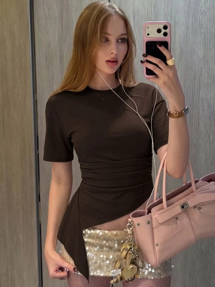 FDYOUI Women O-neck Short Sleeve Solid T-shirts 2026 Summer Chic Ruched Bandage Corset T-shirt Female Tunics Irregular Crop Tops