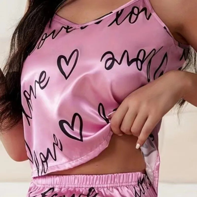 Women's Satin Floral Pajama Sets with Spaghetti Strap Tops and Long Pants Sleepwear 2 Piece Sleeveless Home Clothes Loungewear