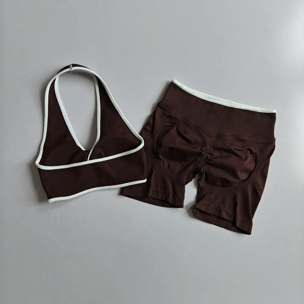 2pcs Women's Seamless Push-up Sports Vest Bra Set with High Elastic Hip Lifting Shorts for Running Aerobics Yoga