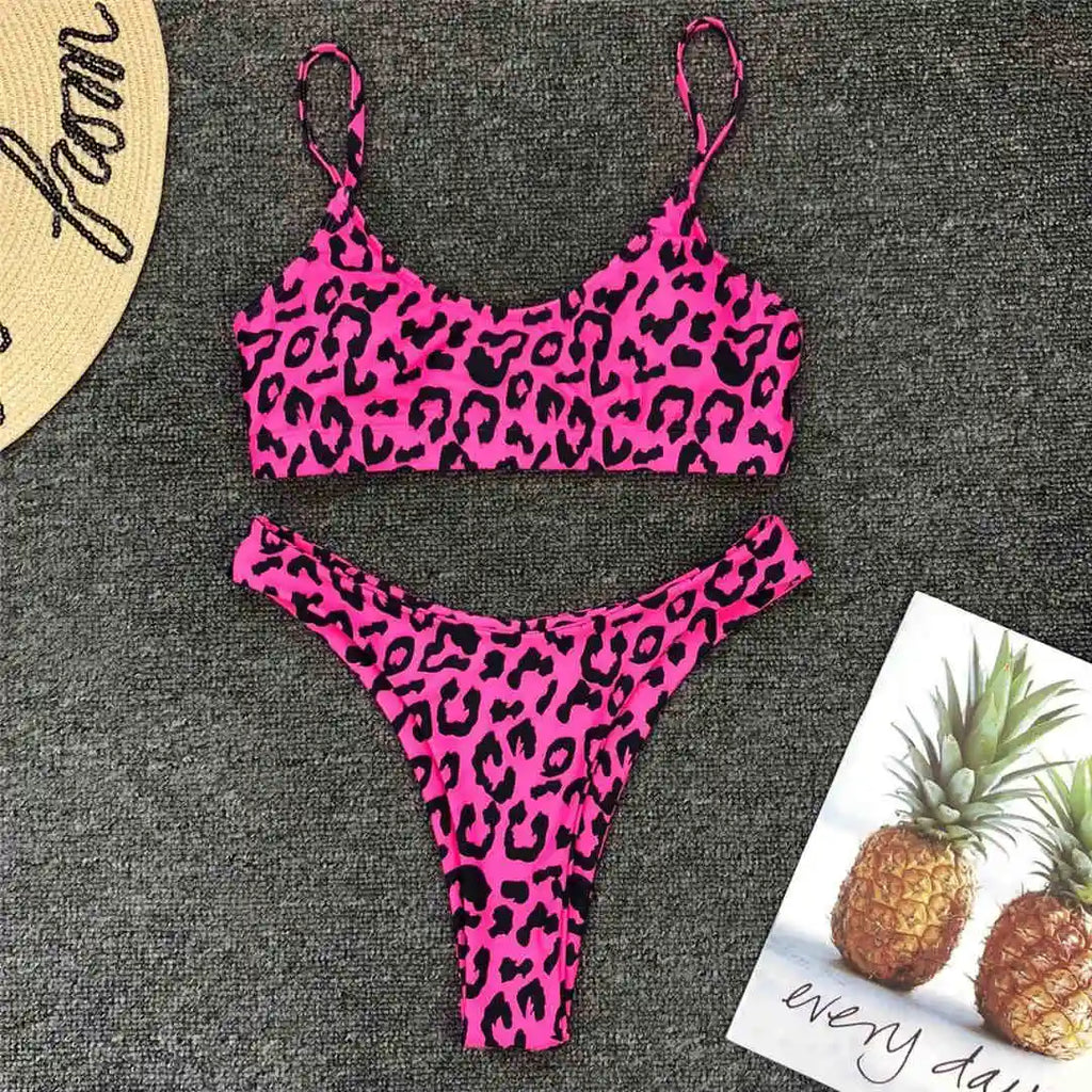 New S - XL Sexy Hot Pink Leopard Bikini Women Swimwear Female Swimsuit Two-piece Bikini set Bather Bathing Suit Swim Lady V871P