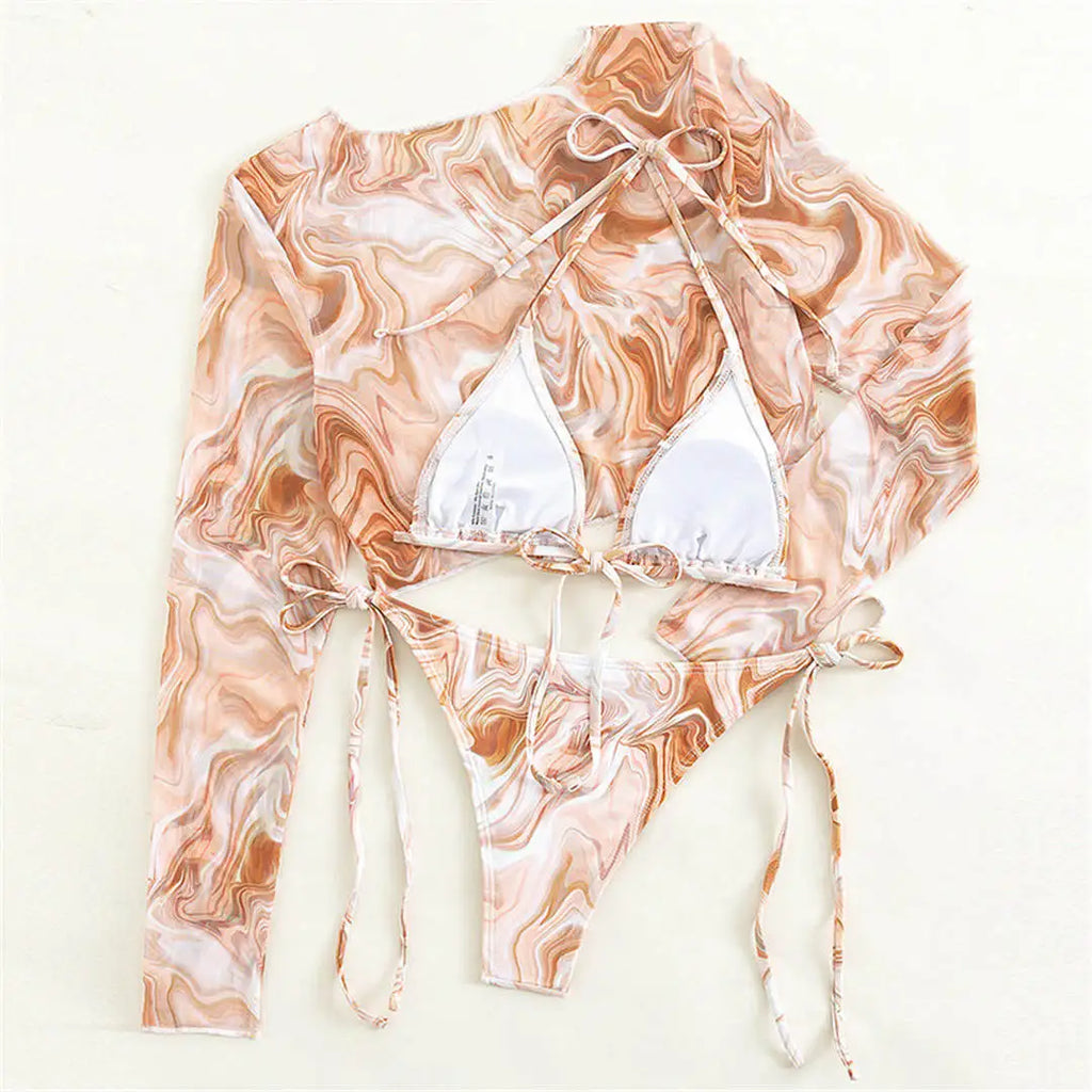 S- XXL Leopard Printed Long Sleeve Bikini Women Swimwear Female Swimsuit Three-Pieces Bikini Set Bather Bathing Suit Swim V3193Y