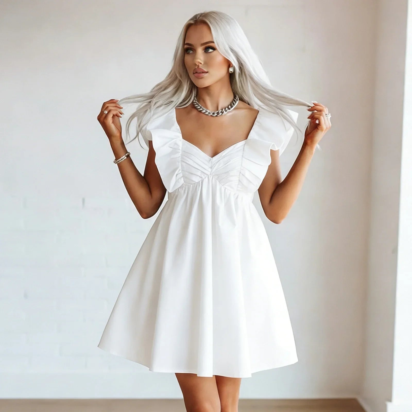 Women Summer Solid Color A-Line Dress Casual Sweetheart V-Neck Flutter Sleeves Mini Dresses for Beach Party Club