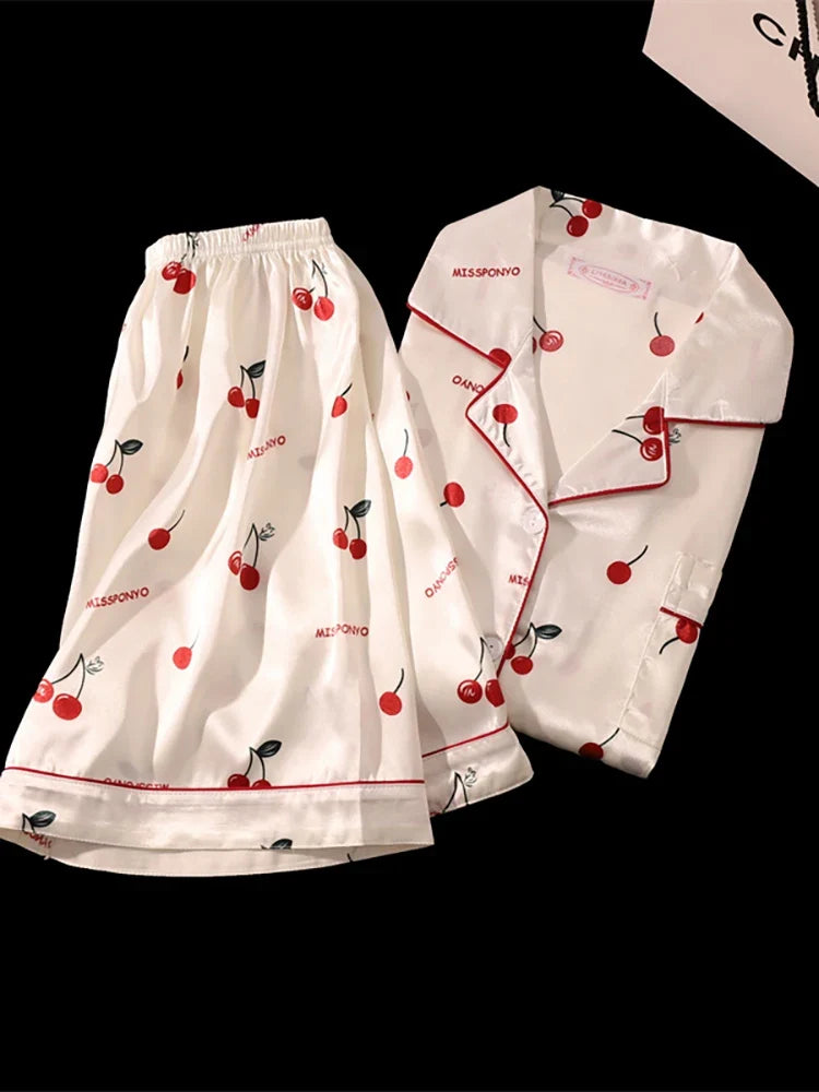 Cherry Print Silk Pajamas Set for Women Summer Short Sleeve Shirt and Shorts Two Pieces Sleepwear Homewear Nightwear