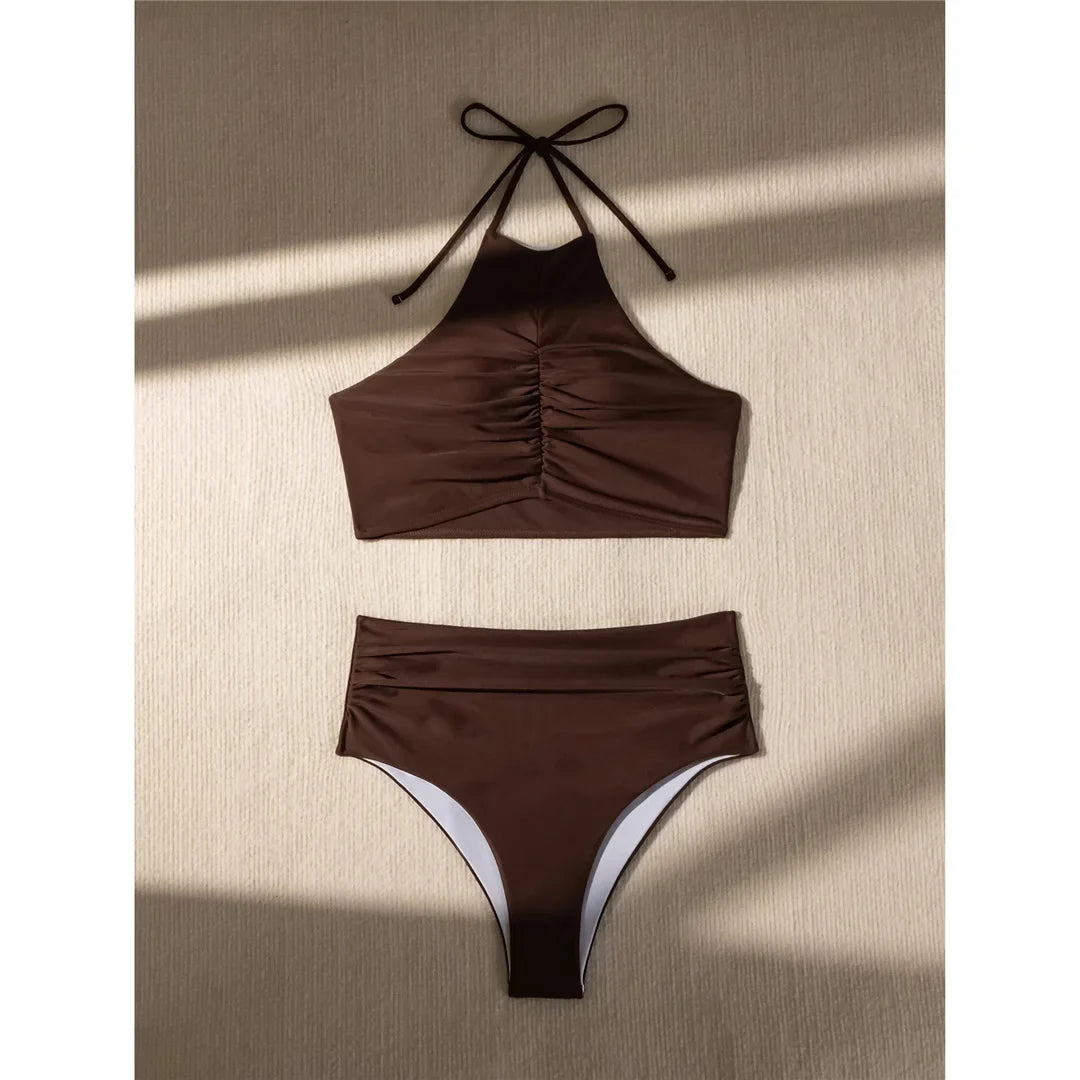 Halter Wrinkled High Neck Female Swimsuit High Waist Bikini Women Swimwear Two-pieces Bikini Set Bather Bathing Suit Swim V5616