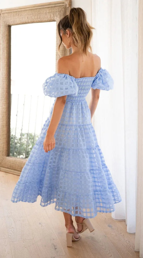 Foridol Off Shoulder Summer Spring Midi Dresses Women Casual Puff Sleeve A-line Beach Vestidos Yellow Beach Party New in Dress