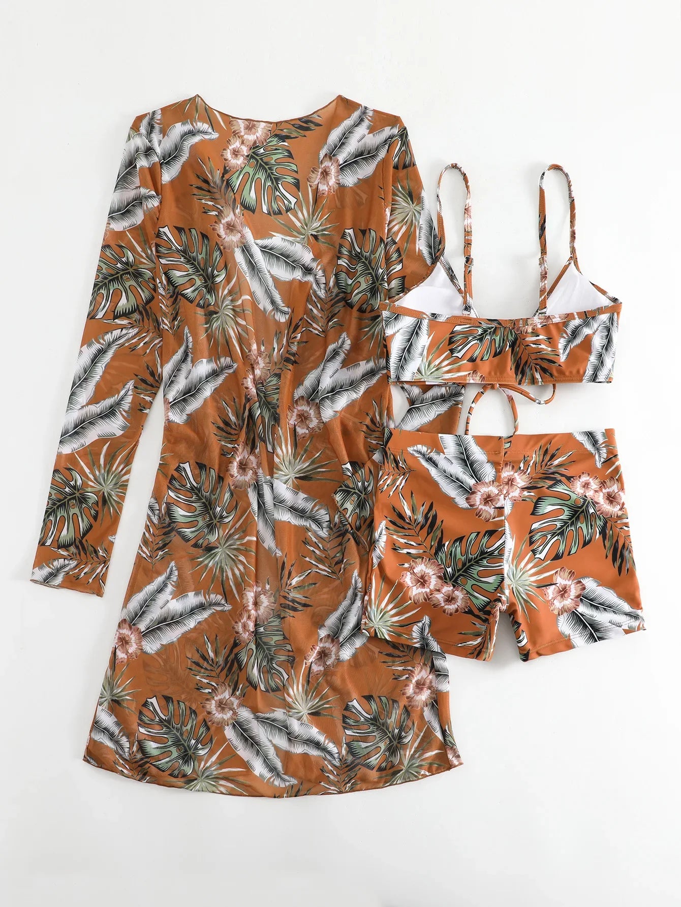 New Sexy 3 Pieces Suit for Women Neck Hanging Bikini Set+Cover-up Swimwear Sunproof Tankini High Waist Shorts Swimsuit Beachwear