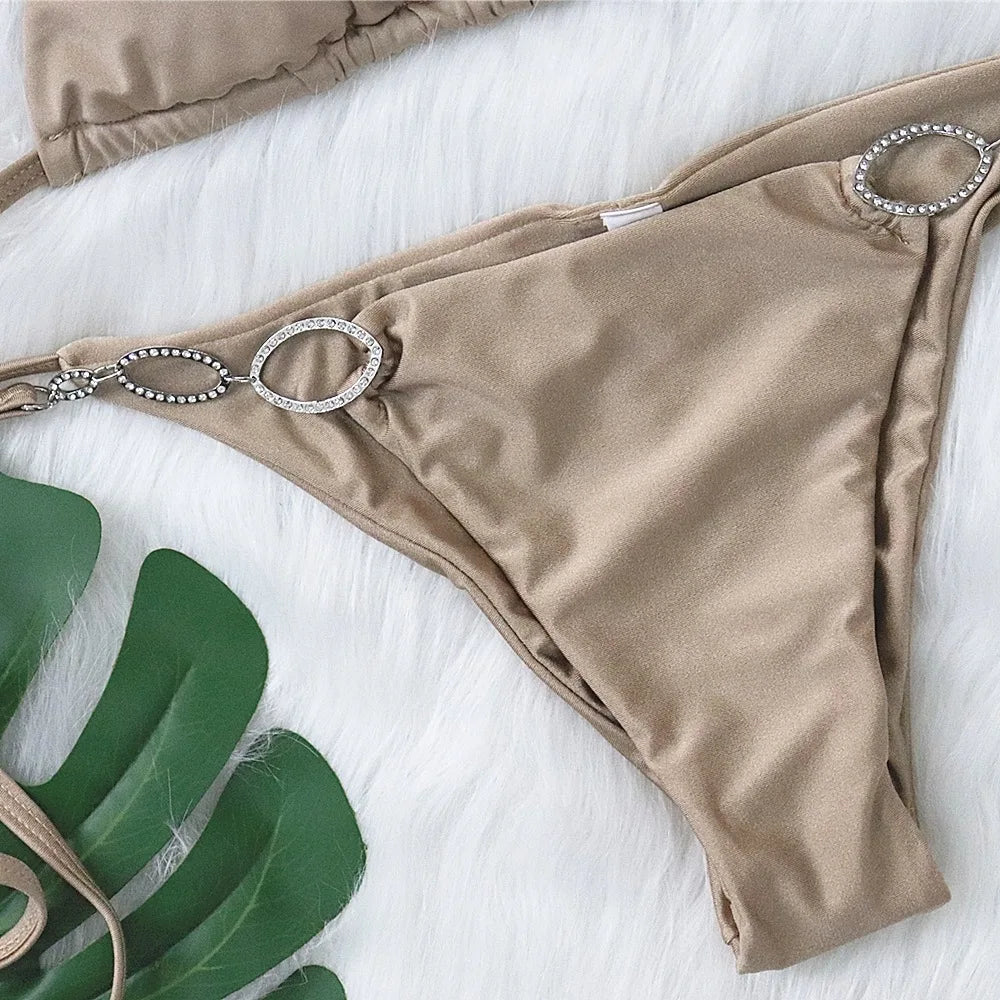 6 Colors Sexy Bikini Women Solid Rhinestone Metal Chain Swimwear Swimsuit Female Halter Bikinis Set Bathing Suit Beachwear Mujer