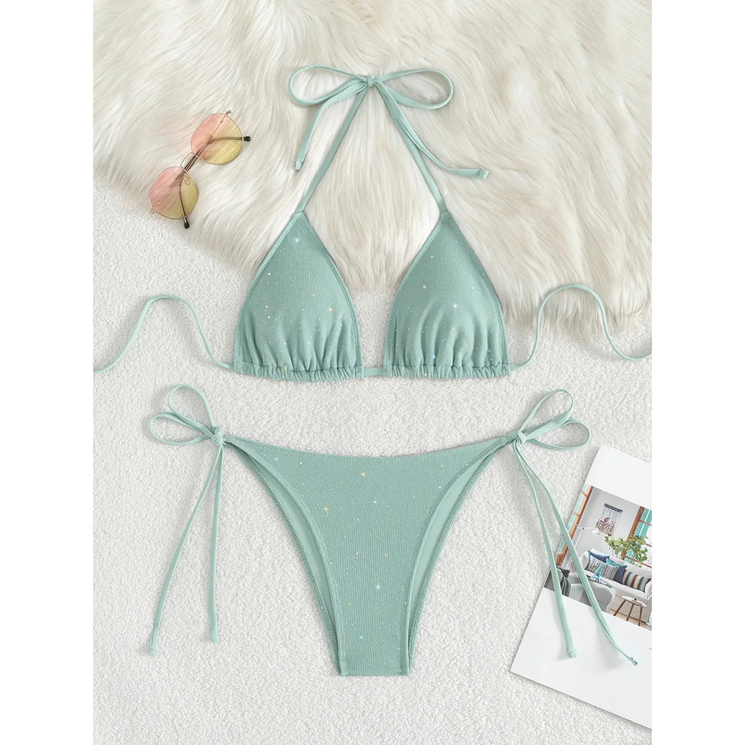 Glitter Sparkling Halter High Leg Cut Bikini Female Swimsuit Women Swimwear Two-pieces Bikini set Bather Bathing Suit Swim V5501