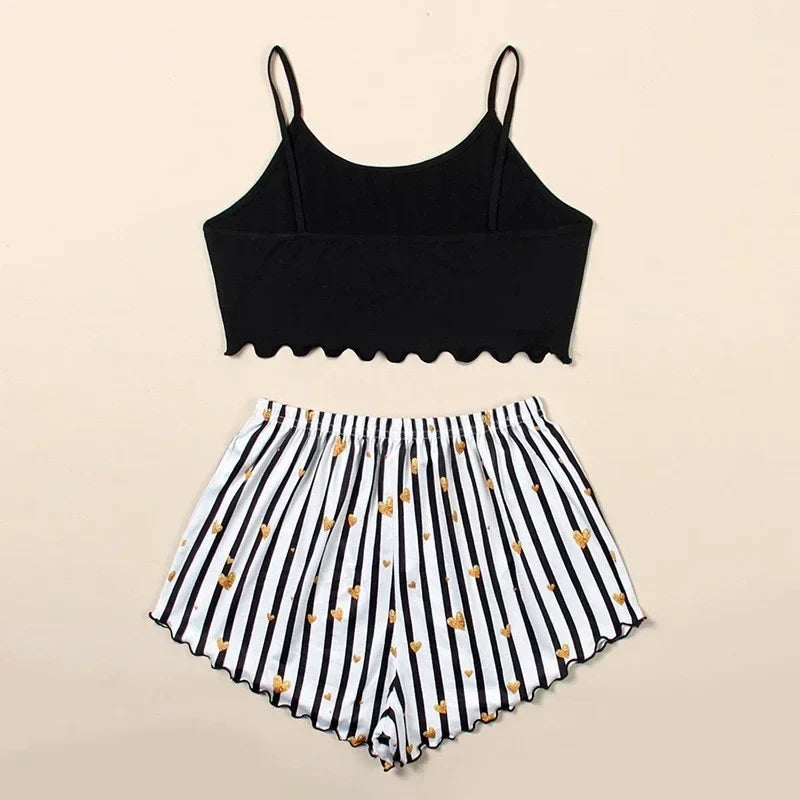 Summer Casual Pajamas Set for Women Sleepwear Sexy Lingerie Sleeveless Striped Tank Top Vest + Shorts Set Pijamas Homewear