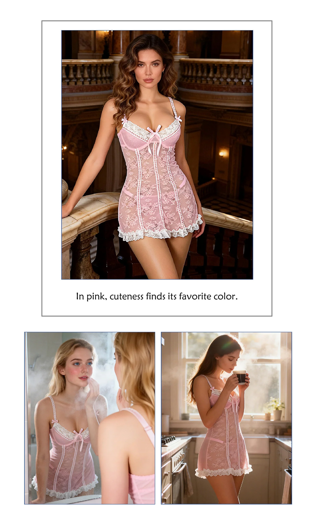 Pink Sexy Lace Ruffled Suspender Nightdress for Women Babydoll Lingerie Push Up Chemise Sleepwear