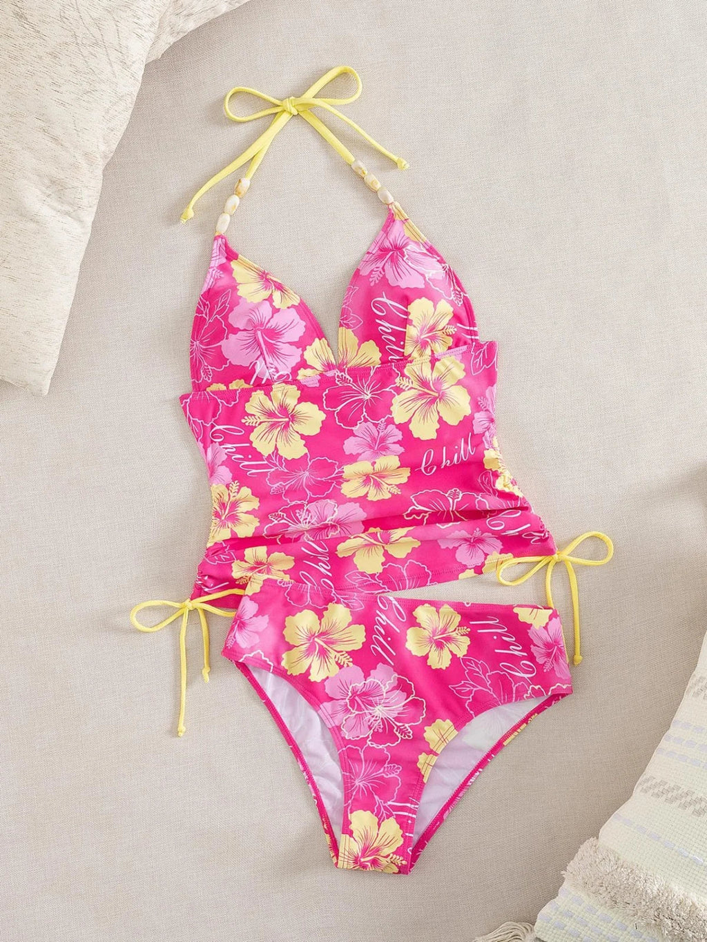 Vintage Pink Floral Print Bikini Set 2026 Swimwear Women Drawstring Side Push Up Tank Top High Waist Short 2 Piece Swimsuit