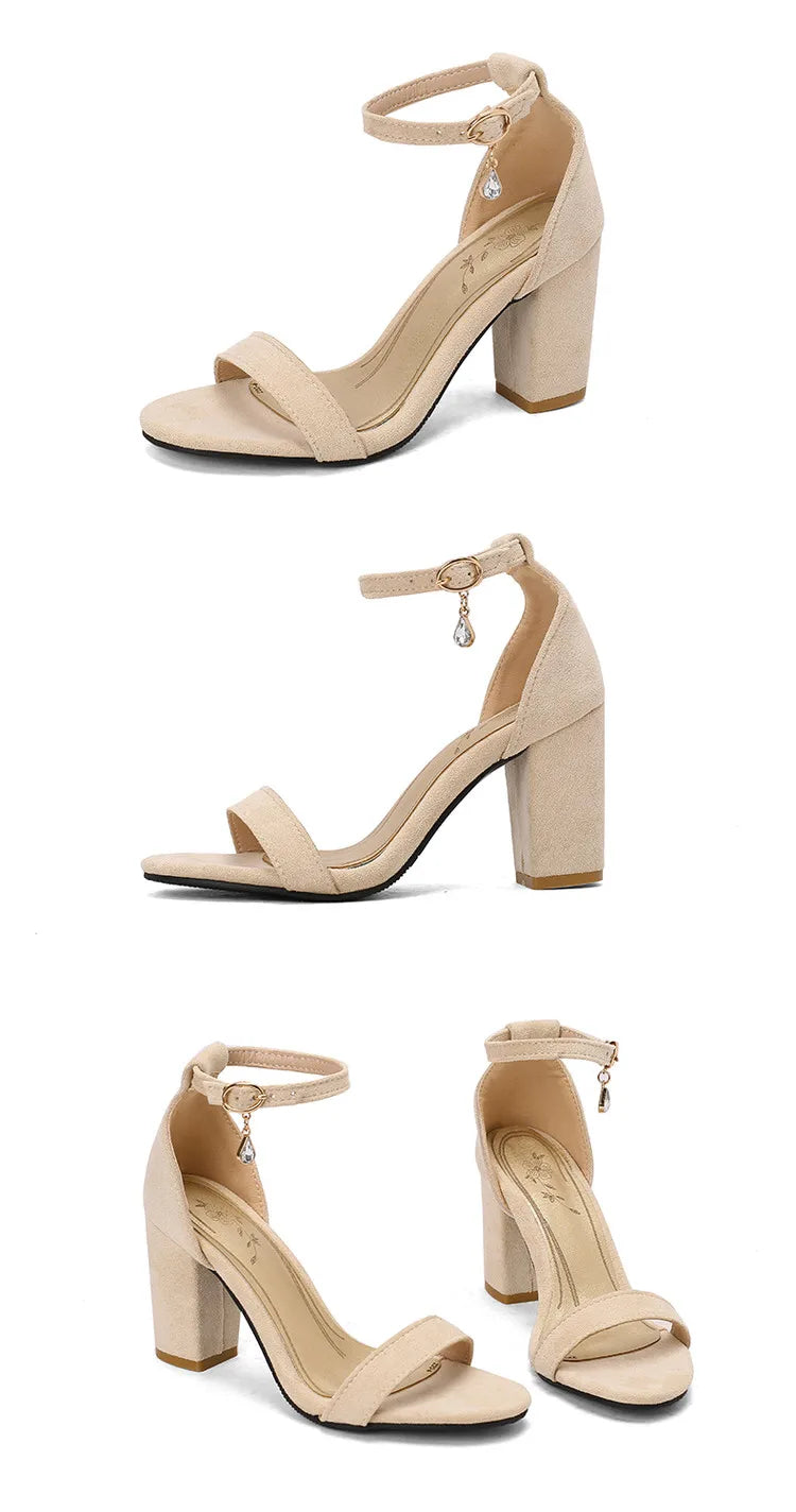 Beige Suede Ankle Strap Block Heel Sandals for Women, Round Open Toe with Rhinestone Accent, Multiple Colors Available