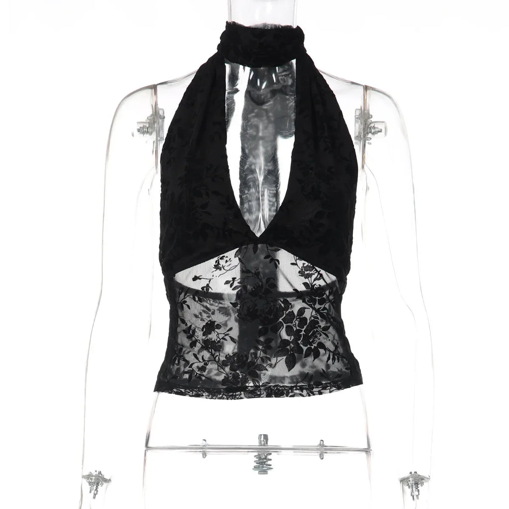 FDYOUI Woman Clothes Elegant Bandage Mesh Corset Tops 2026 Female Halter V-neck Lace-up Tank Top Black T-shirt Y2K Streetwear