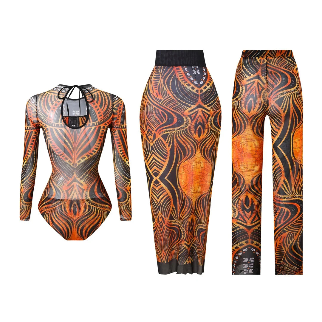 S - XXL 3PCS New Printed Long Sleeve With Pants Sarong Women Swimwear One Piece Swimsuit Female Bather Bathing Suit Swim K7180