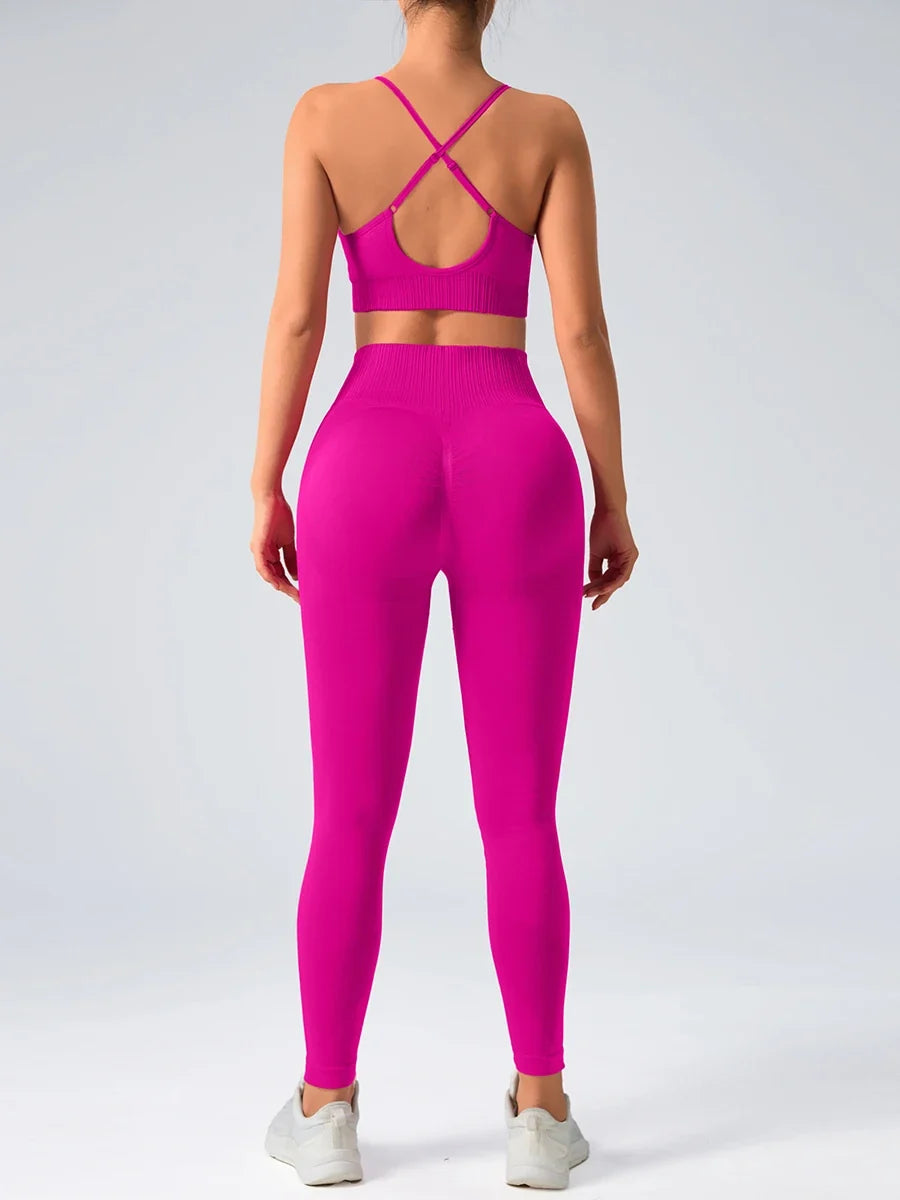 2 pcs/set Seamless Tight Pants Set Rose Red Tank Top Outfit Women's Clothing Breathable  Trousers  Athleisure Fitness Pants