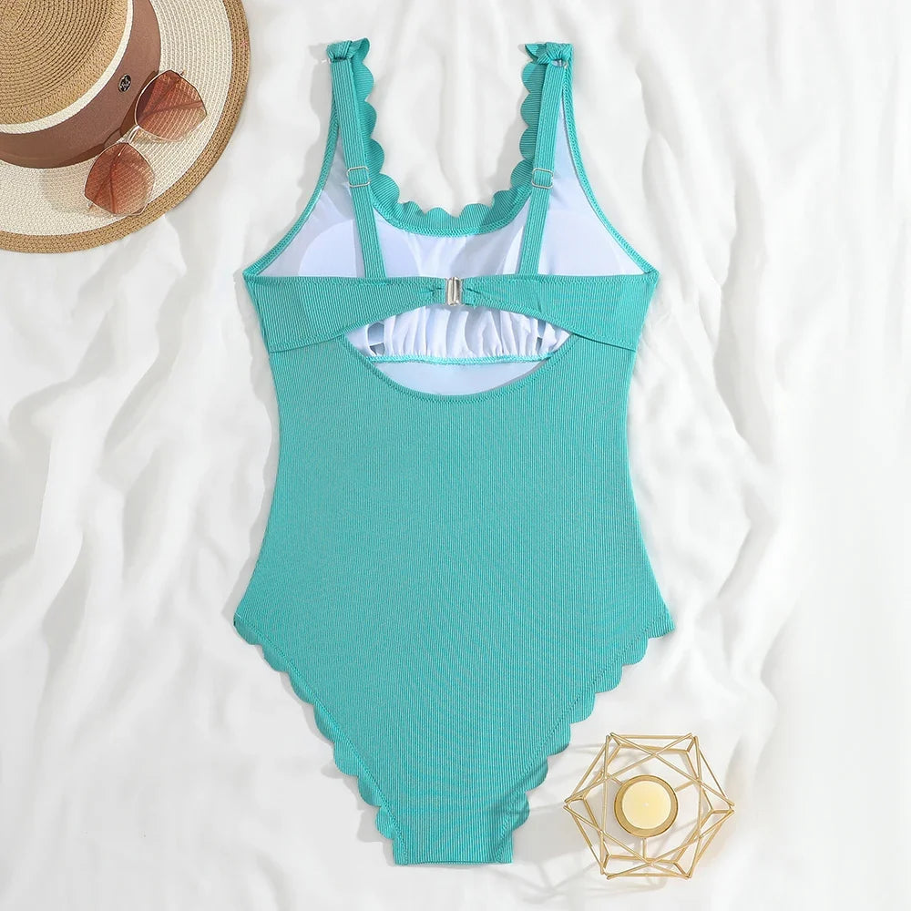 2026 Sexy Ruffle Swimsuit One Piece Solid Swimwear Women Bathers Bathing Swimming Swim Suit Female Beachwear XXL