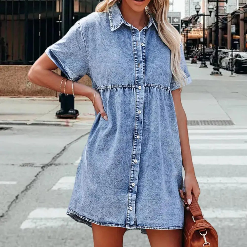 Faux Denim Button-down Mini Dress Women Summer Dress Short Sleeves A-line Lapel Patchwork Dress for Dating Commuting Party