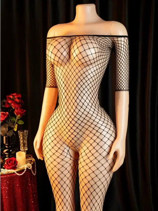 Off-Shoulder Sexy Full Transparent Underwear Woman Orgy Clothing Desire Call Crotchless Body Stockings Half Sleeve Bodysuit Open