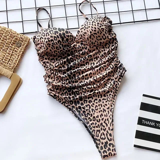 Push Up Bra Cup Leopard Scrunched Women Bandeau Swimwear One Piece Swimsuit Female Monokini High Cut Bathing Suit Swim Bodysuit