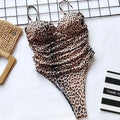 Push Up Bra Cup Leopard Scrunched Women Bandeau Swimwear One Piece Swimsuit Female Monokini High Cut Bathing Suit Swim Bodysuit