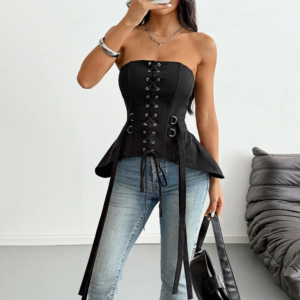 Sexy Strapless Waist Cinching Vest Women Black Ouble Metal Buckle Unique Woven Slimming Shaping Fishbone Ruffles Tank Tops