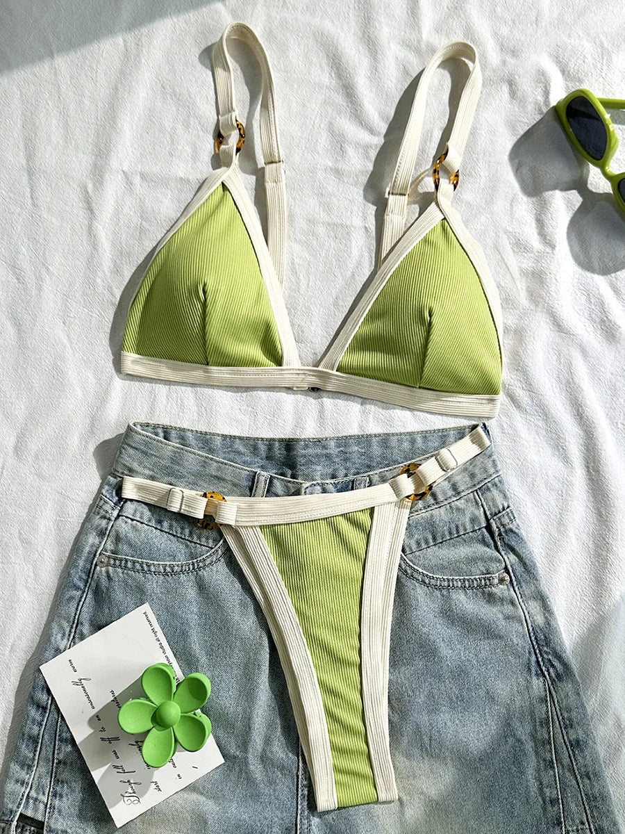 Splicing Ribbed High Cut Ring Mini Micro Bikini Women Swimwear Female Swimsuit Two-pieces Bikini Set Bathing Suit Swim Beachwear
