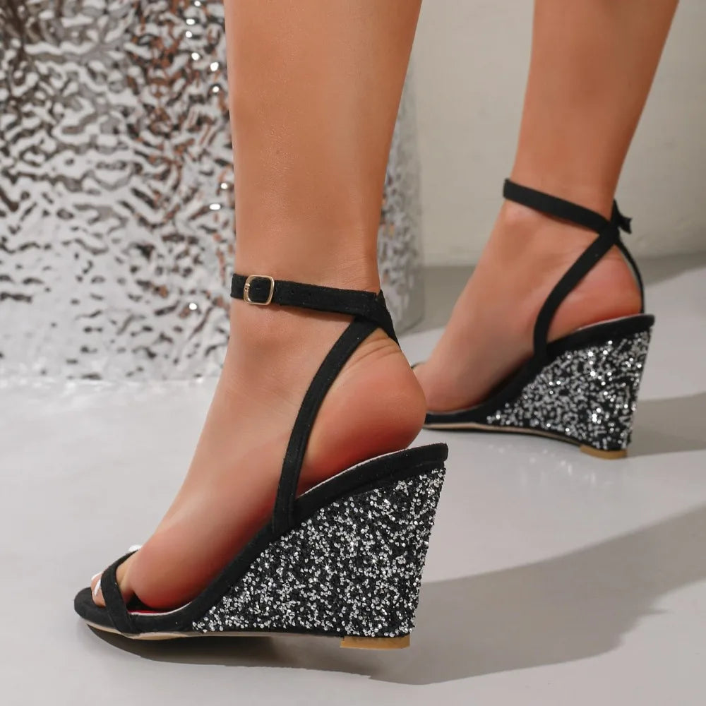 Summer Wedges Shiny Rhinestone High Heels Gladiator Retro French Buckle Strap Roman Sandals  Platform Zapatos De Mujer New 35-42