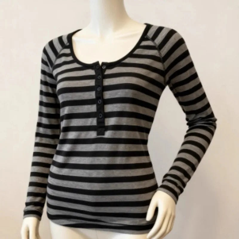 Y2K Striped T-shirt Vintage Punk V Neck Half Open Buckle Long Sleeve Top Gothic Subculture Punk Casual Slim Fit Versatile Tops