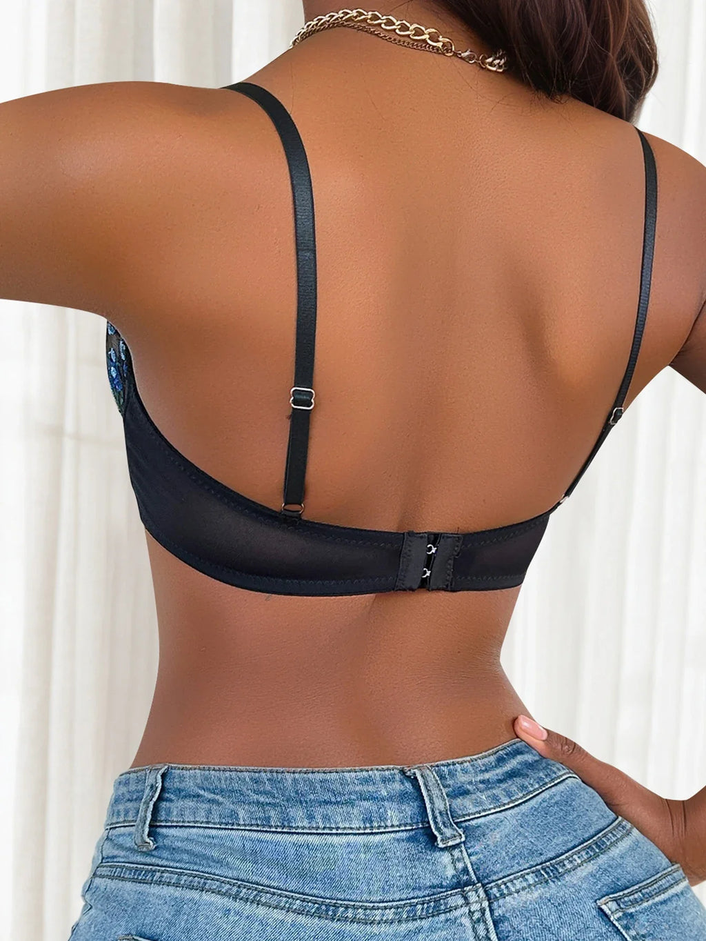 Women's Underwire Thin Bra - Blue Floral Embroidery on Black Sheer Mesh Sexy Push Up Demi Cup Lingerie Daily T-Shirt Bra MR2956
