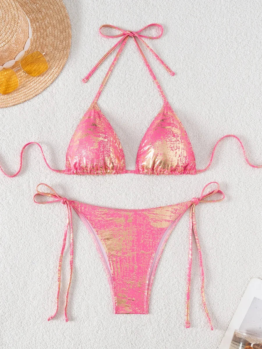2026 Golden Glitter Halter Strappy Bikini Women Swimsuit Female Swimwear Two-pieces Bikini Set High Leg Cut Bathing Suit Swim