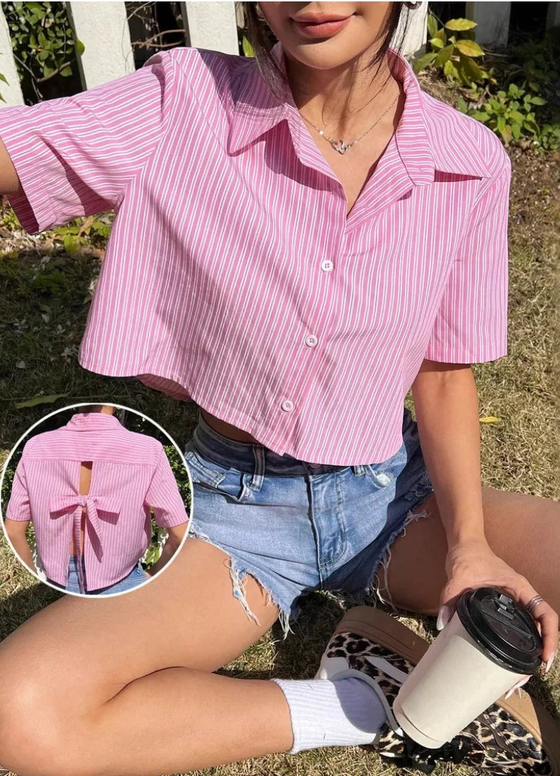 Y2K Style Pink Striped Crop Blouse for Women Short Sleeve Lapel Button-Up Women's Shirt Back Tie Top Lady Summer Casual Outfit