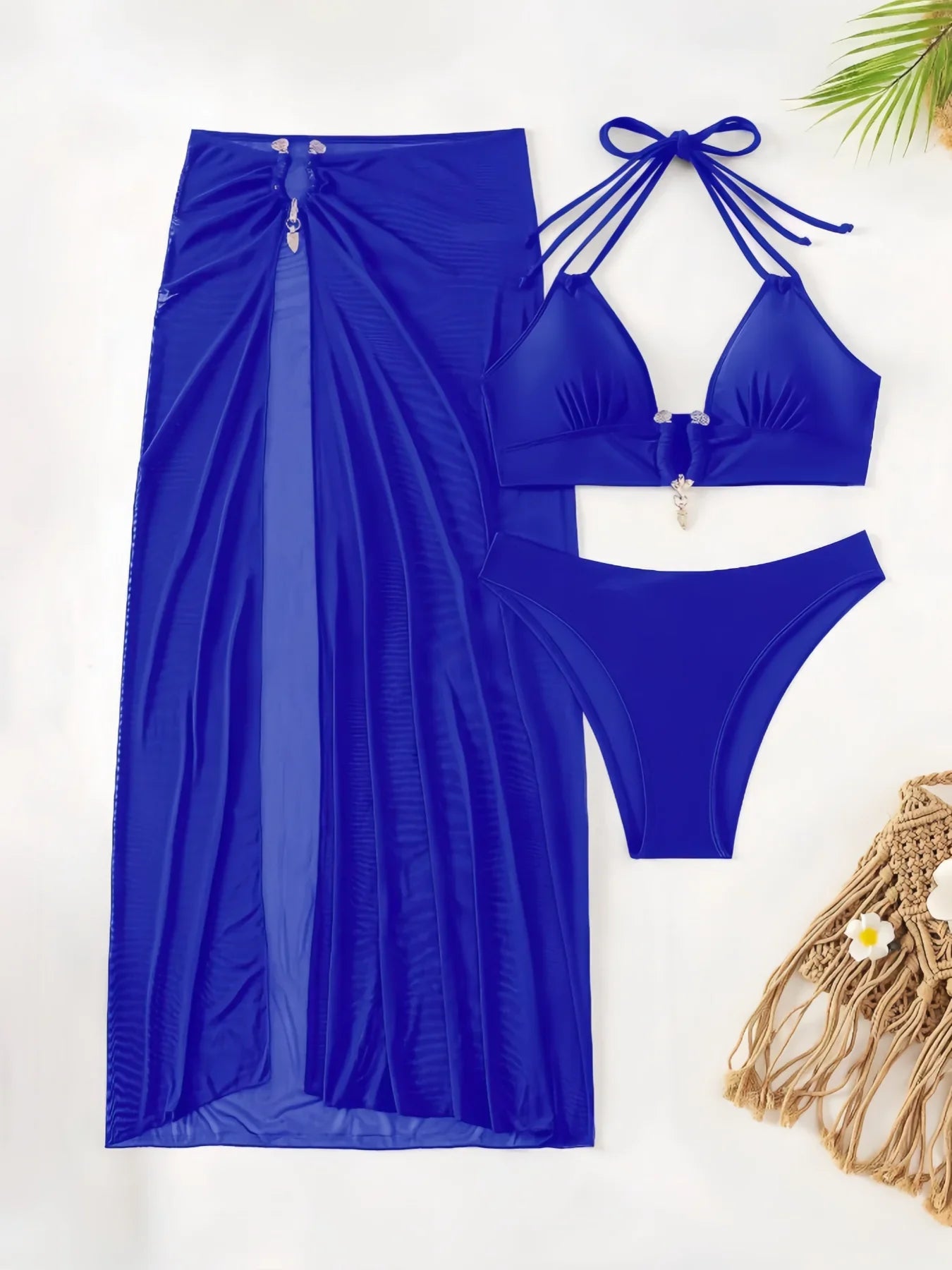 3 Pieces Halter Bikinis 2026 Solid Swimwear Female Sexy Swimsuit Women With Mesh Beach Dress Bathers Bathing Swimming Swim Suit