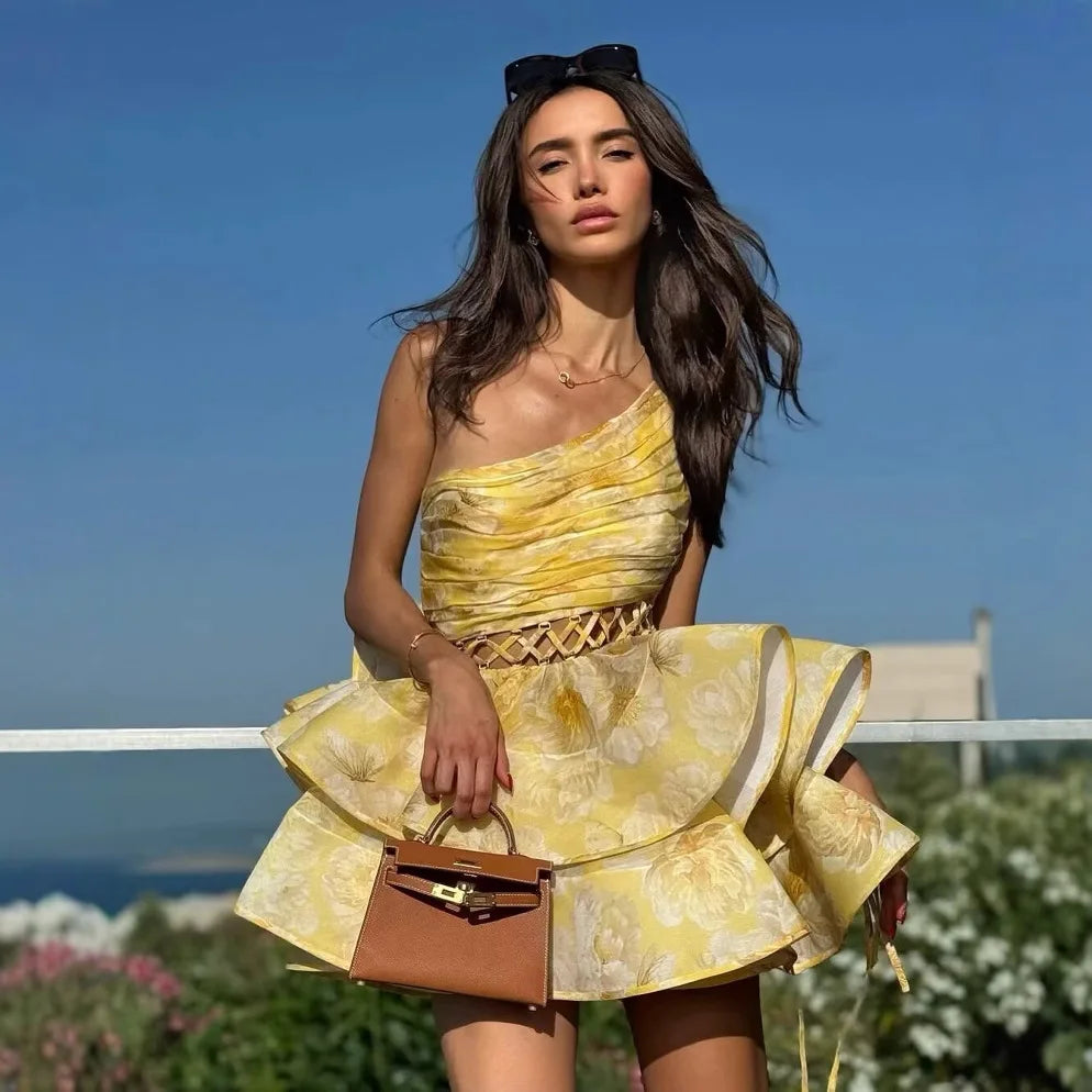 Women's Sexy One-Shoulder Waist-Cinching Dress Pure Desire Yellow Floral Print Ruffled Mini Dress Party Dress For Women NRR0