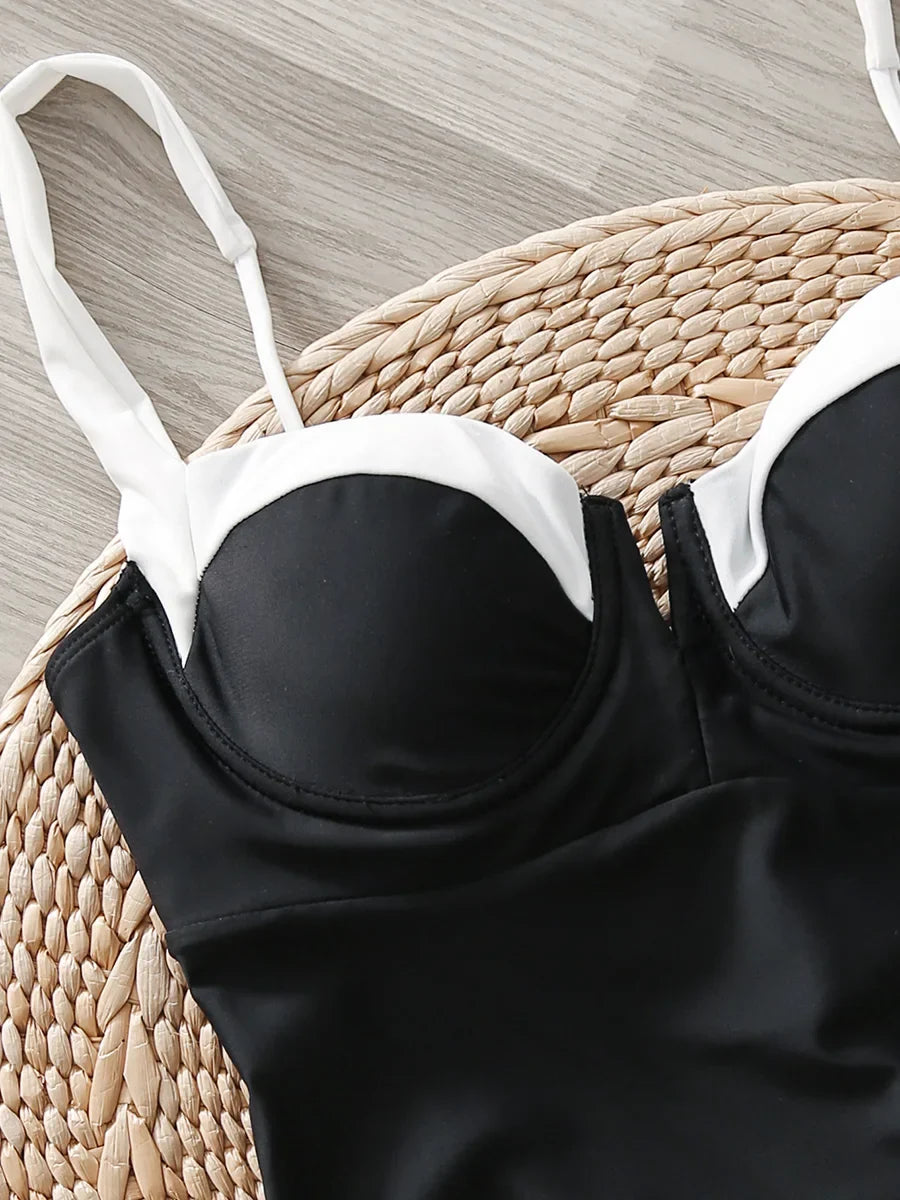 S - XL Splicing High Leg Cut One Piece Swimsuit Women Swimwear Female Underwired V-Bar Bather Bathing Suit Swim Beach Bodysuit