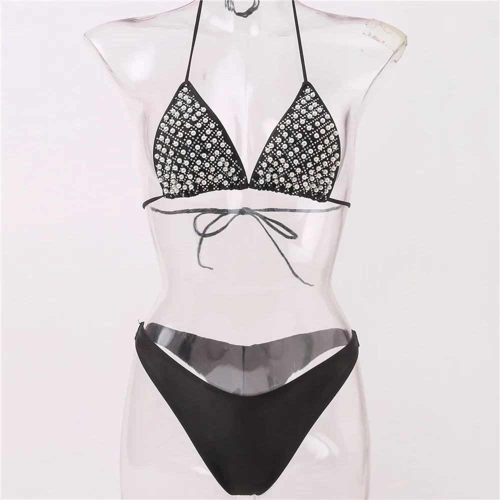 2026 Summer Pearl Decor Women's Swimsuit Shiny Strappy Swimwear Sexy Backless 2 Pieces Suit Femme Lace Up Bathing Suit Beachwear