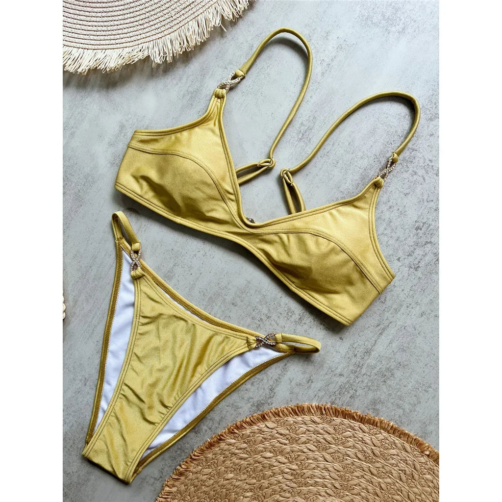 10 Colors V Neck Rhinestones Bikini Female Swimsuit Women Swimwear Two-pieces Bikini Set Padded Bather Bathing Suit Swim V8138