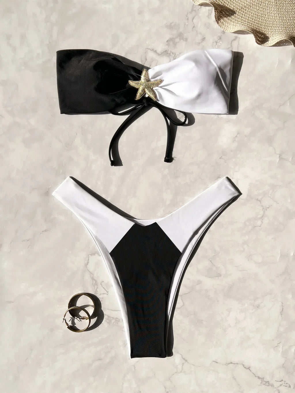 sexy metal starfish patchwork bandeau bikinis sets two pieces back tie thong swimsuits bathing suit swimwear tankini biquini