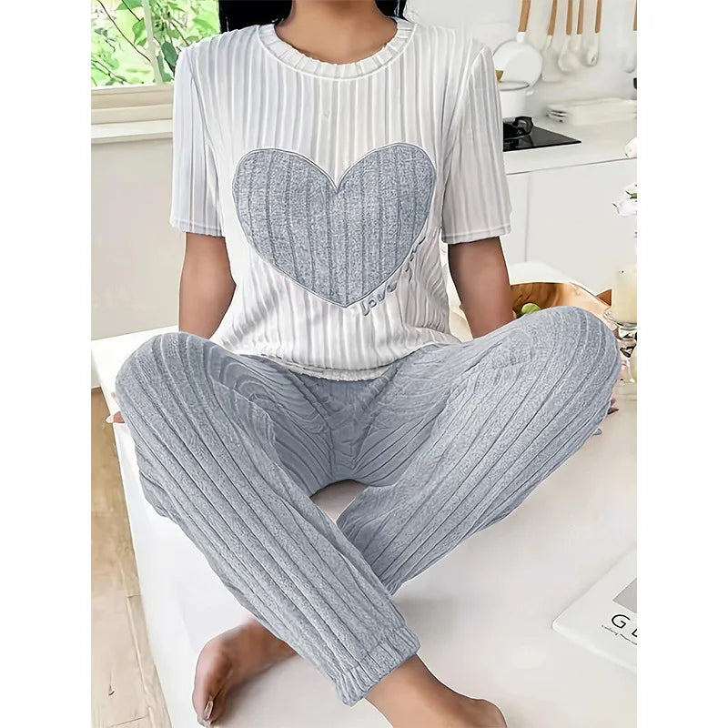 Autumn Winter Round Neck Short Sleeve Long Pants with Ribbed Stripes and Letter Heart Print Women's Pajamas Home Wear