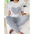 Autumn Winter Round Neck Short Sleeve Long Pants with Ribbed Stripes and Letter Heart Print Women's Pajamas Home Wear