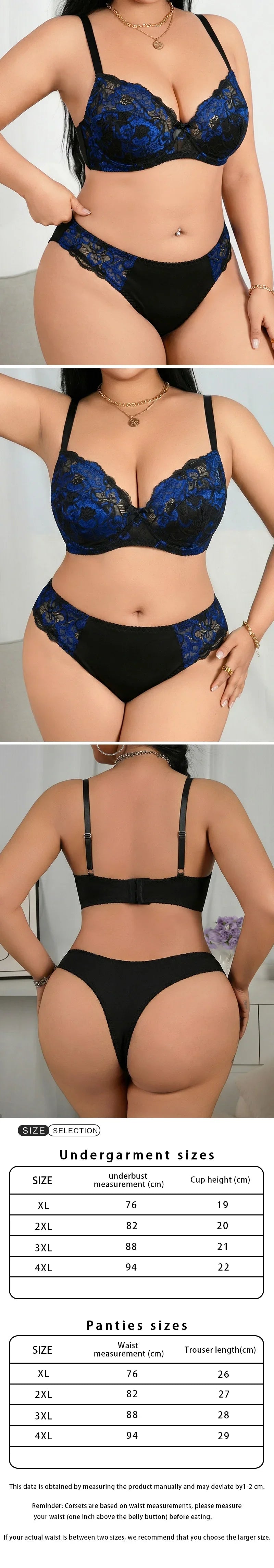 Women’s Hot Selling Plus Size Lingerie Set, Sexy Blue Floral Lace Embroidery Push Up Bra, Big Bust Erotic Set