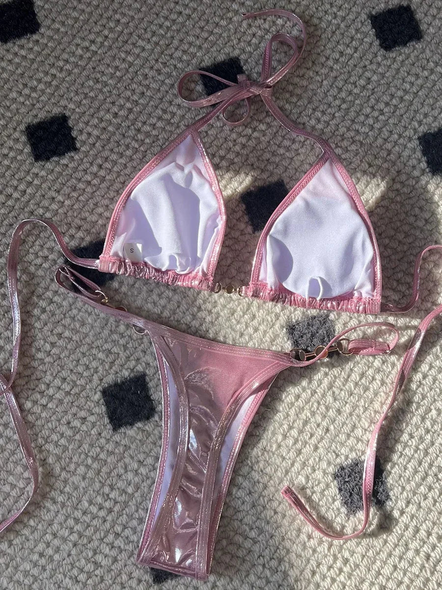 PU Leather Pearls Bikini Mini Micro Thong Bikinis Women Swimwear Female Swimsuit Two-piece Bikini Set Halter Bathing Suit Swim