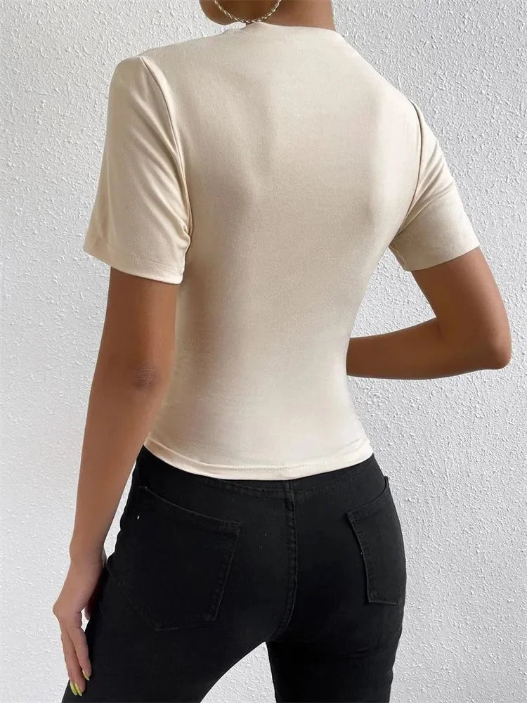 Women Short Sleeve Pleated T-shirt Summer Casual Slim Fit Mock Neck Ruched Tee Top Streetwear