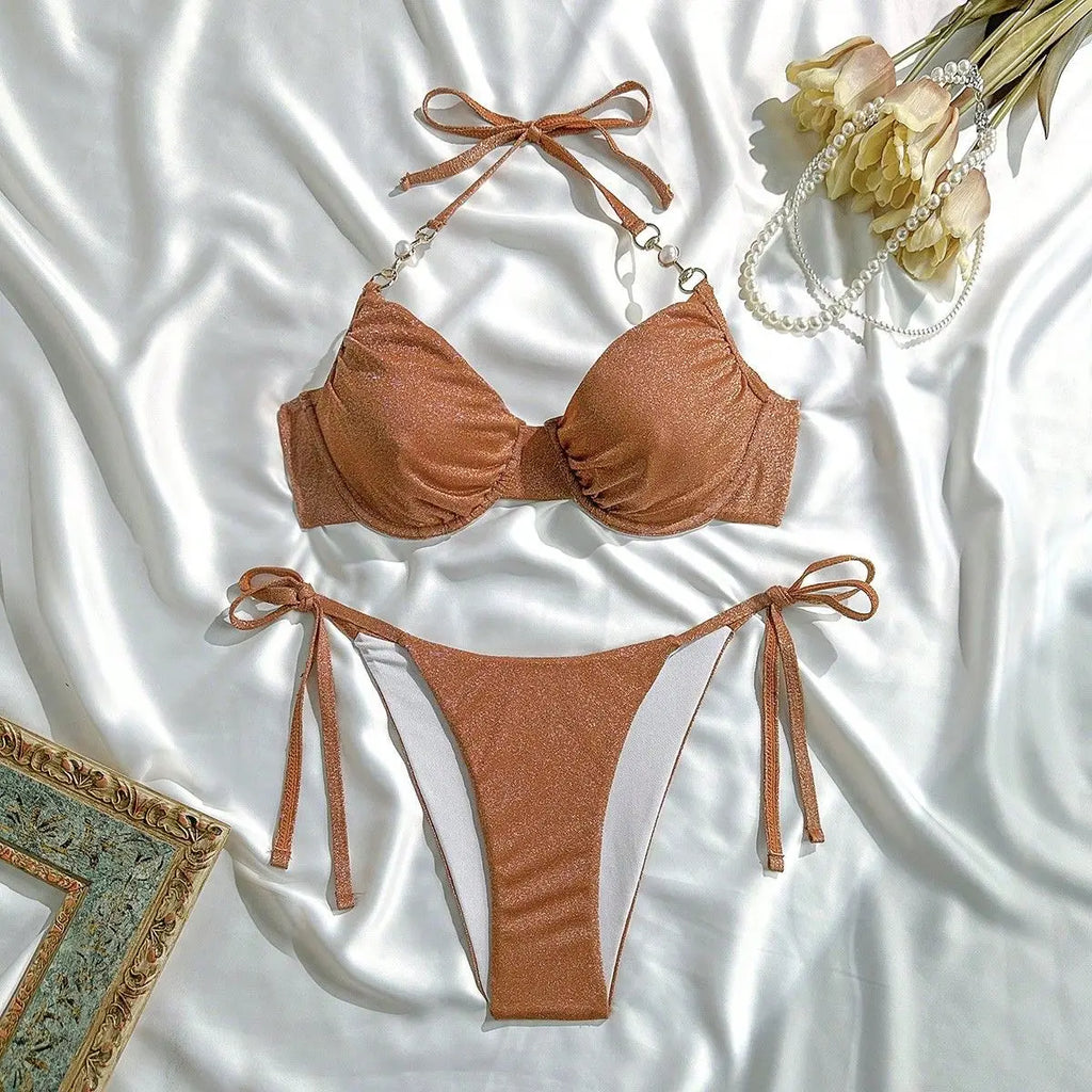 sexy giltter brown push up halter bikinis sets two pieces thong swimsuits Swimwear conjunto de bikini tankini beachwear biquini