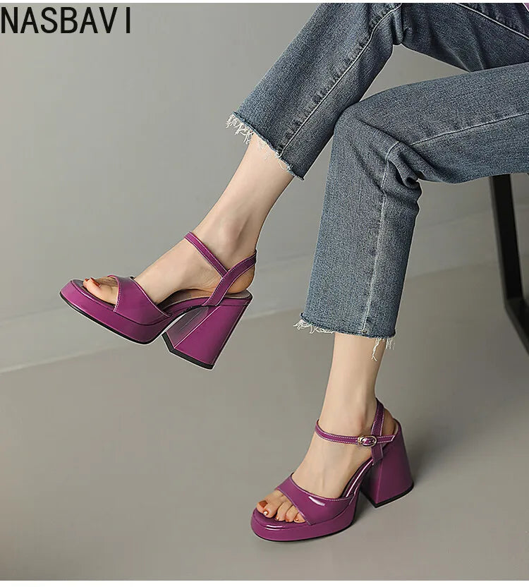 NASBAVI Women Patent Leather Sandals Super Chunky High Heeled Ankle Buckle Shoes Platform Summer Thick Heel Sandal Ladies 35-43