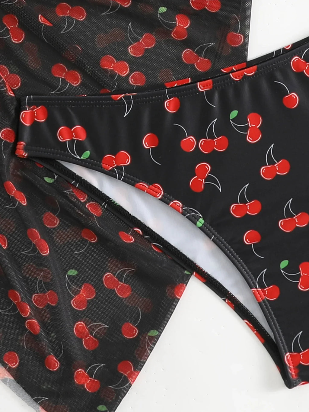 Women French Chic Cherry Print Bikini Sets Three Pieces with Mesh Skirt Swimsuit Swimwear Bathing Suit Beach Outfits Biquini