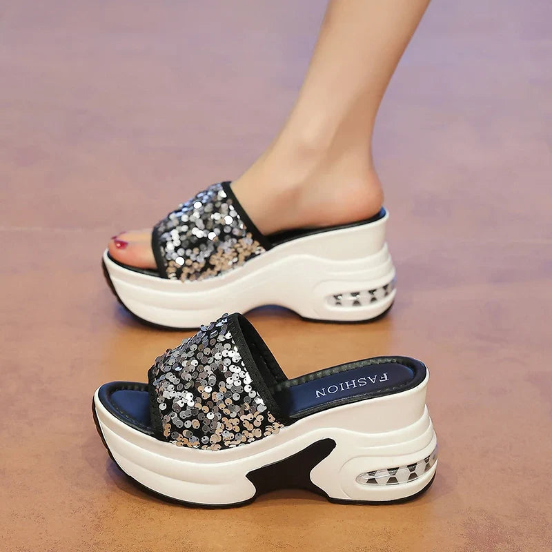 Wedge Heel Silver Sequin Sandals Women 2026 Fashion 9Cm Chunky Heeled Slippers Woman Plus Size 42 Thick Sole Platform Sandles
