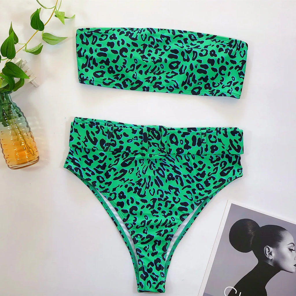3 Colors Sexy Bikini Bandeau Women Solid Leopard Print High Waist Swimwear Swimsuit Beach Bikini Set Bathing Suit With Waistband